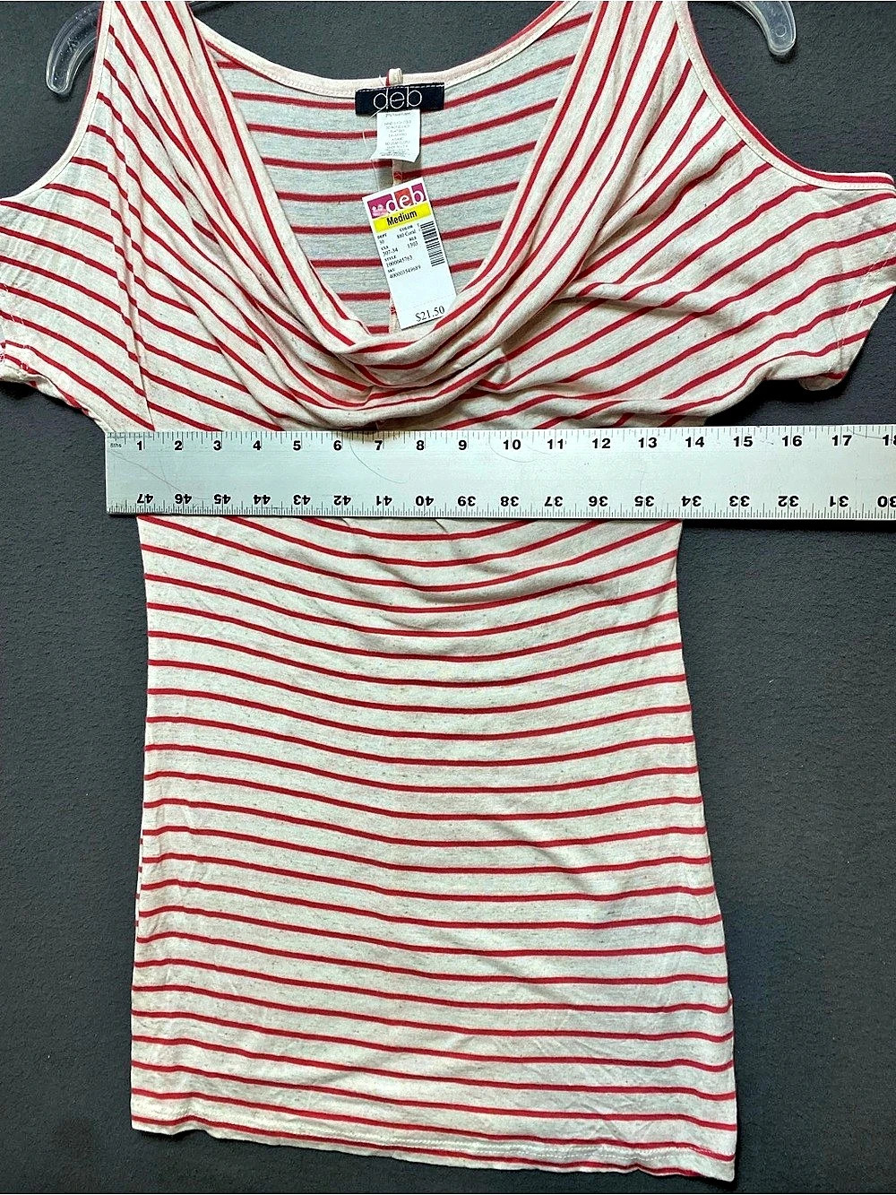 deb Striped Cowl Neck Rayon Tee in Red & Cream Size Medium NWT - Picture 7 of 8